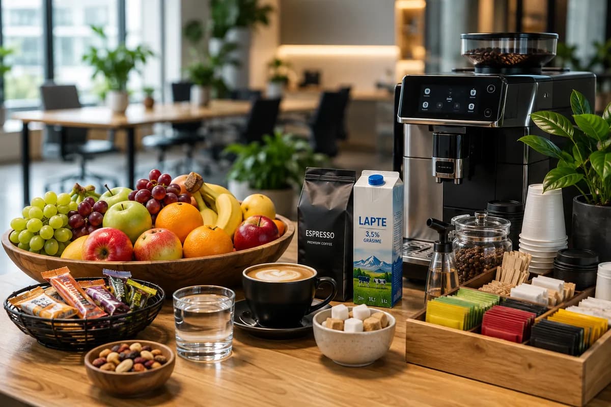 Fructe, cafea și băuturi pentru birou